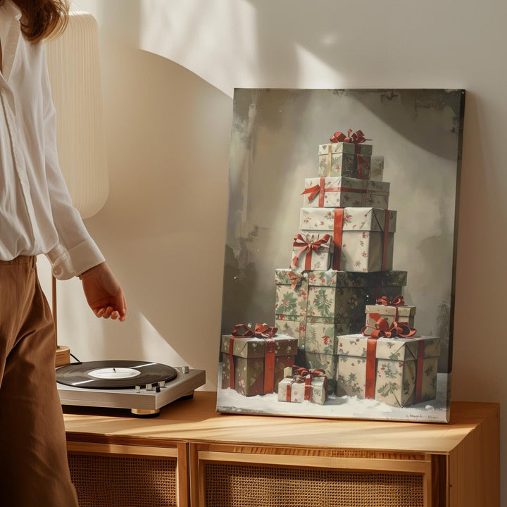 Stacked Christmas Gifts Canvas – Vintage Holiday Warmth & Giving Wall Art - Gifitto