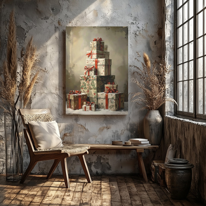 Stacked Christmas Gifts Canvas – Vintage Holiday Warmth & Giving Wall Art - Gifitto