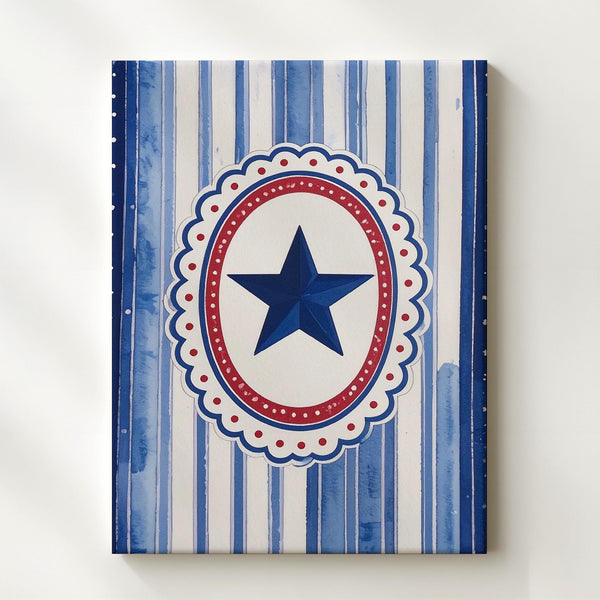 Minimalist Blue Star Canvas – Vintage Striped Patriotic Wall Art - Gifitto