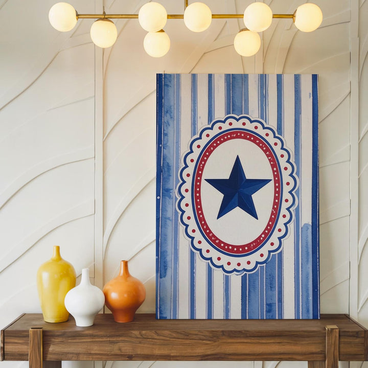 Minimalist Blue Star Canvas – Vintage Striped Patriotic Wall Art - Gifitto