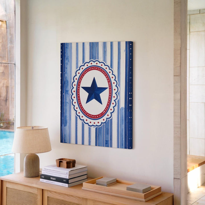 Minimalist Blue Star Canvas – Vintage Striped Patriotic Wall Art - Gifitto
