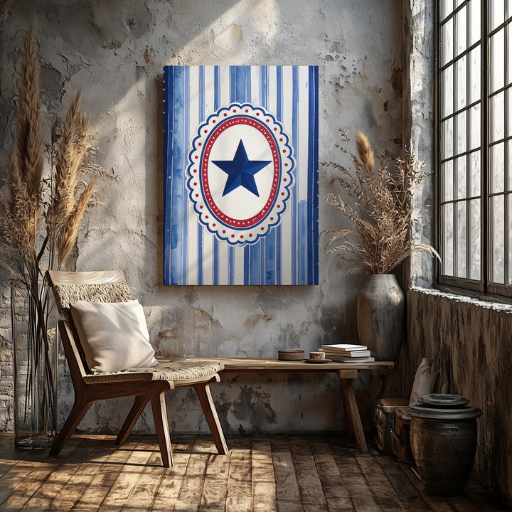 Minimalist Blue Star Canvas – Vintage Striped Patriotic Wall Art - Gifitto