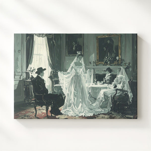 Victorian Ghost Parlor Canvas – Vintage Haunted Gathering in Spectral Green - Gifitto