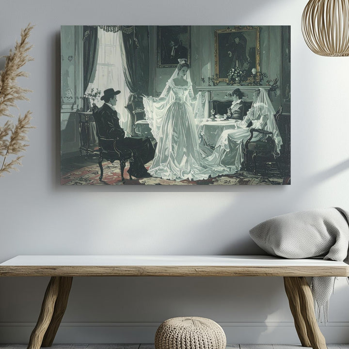 Victorian Ghost Parlor Canvas – Vintage Haunted Gathering in Spectral Green - Gifitto