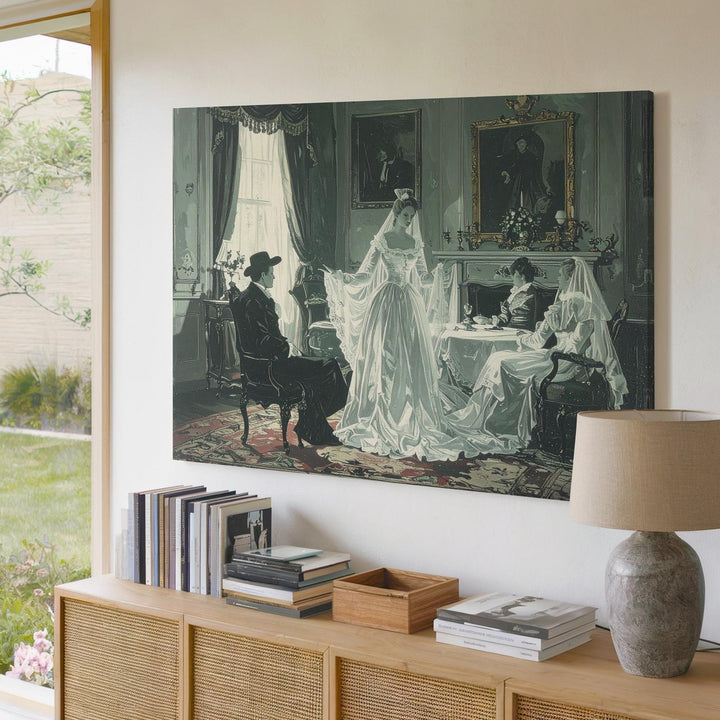 Victorian Ghost Parlor Canvas – Vintage Haunted Gathering in Spectral Green - Gifitto