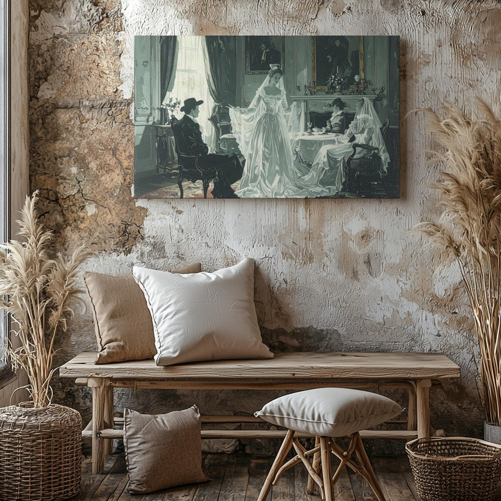 Victorian Ghost Parlor Canvas – Vintage Haunted Gathering in Spectral Green - Gifitto