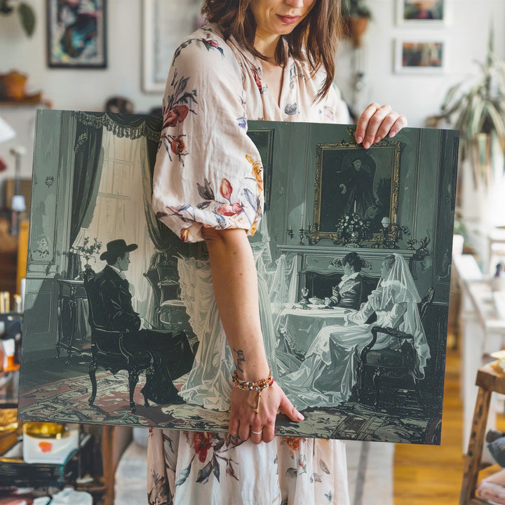 Victorian Ghost Parlor Canvas – Vintage Haunted Gathering in Spectral Green - Gifitto