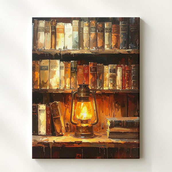 Arcane Library Glow Canvas – Vintage Bookshelf & Lantern Wall Art - Gifitto