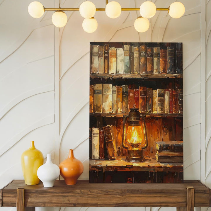 Arcane Library Glow Canvas – Vintage Bookshelf & Lantern Wall Art - Gifitto