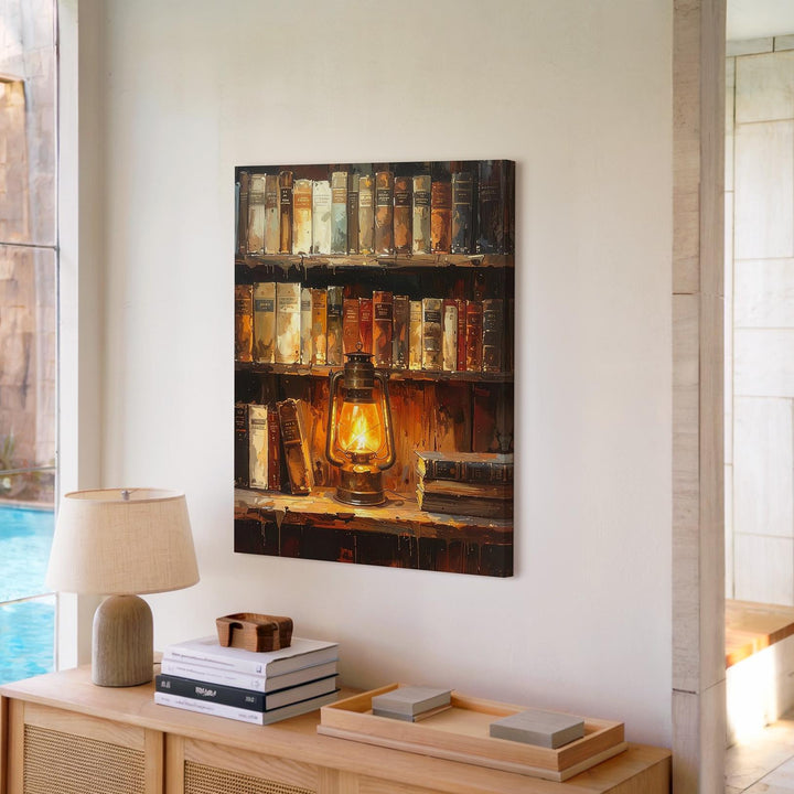 Arcane Library Glow Canvas – Vintage Bookshelf & Lantern Wall Art - Gifitto