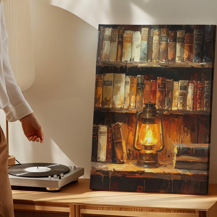 Arcane Library Glow Canvas – Vintage Bookshelf & Lantern Wall Art - Gifitto