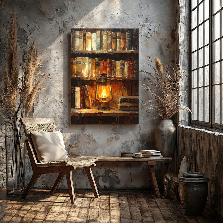 Arcane Library Glow Canvas – Vintage Bookshelf & Lantern Wall Art - Gifitto