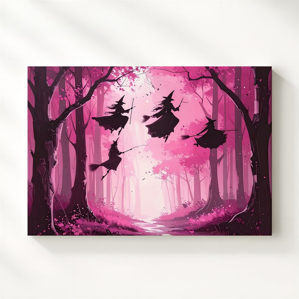 Witches in Pink Forest Canvas – Feminine Halloween Fantasy Art - Gifitto