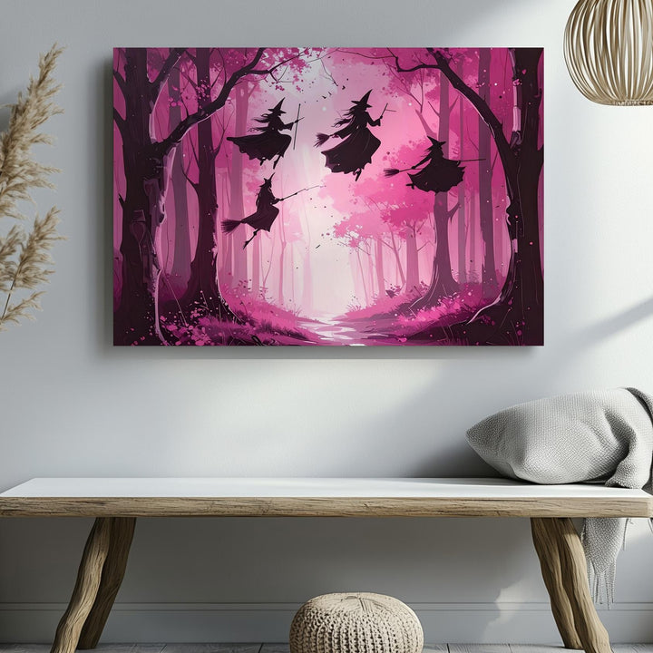 Witches in Pink Forest Canvas – Feminine Halloween Fantasy Art - Gifitto