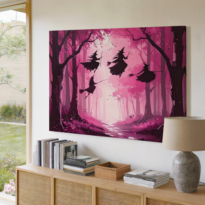 Witches in Pink Forest Canvas – Feminine Halloween Fantasy Art - Gifitto