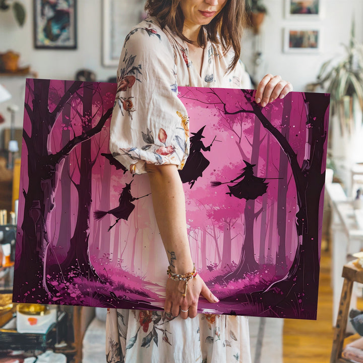 Witches in Pink Forest Canvas – Feminine Halloween Fantasy Art - Gifitto