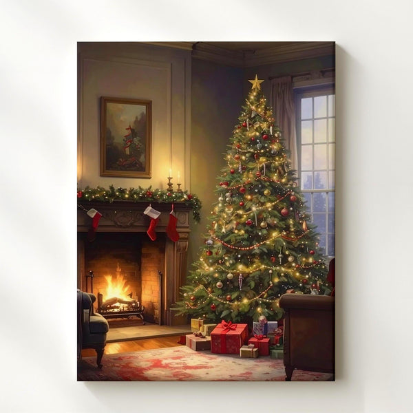 Cozy Christmas Interior Canvas – Tree, Fireplace & Holiday Warmth Wall Art - Gifitto