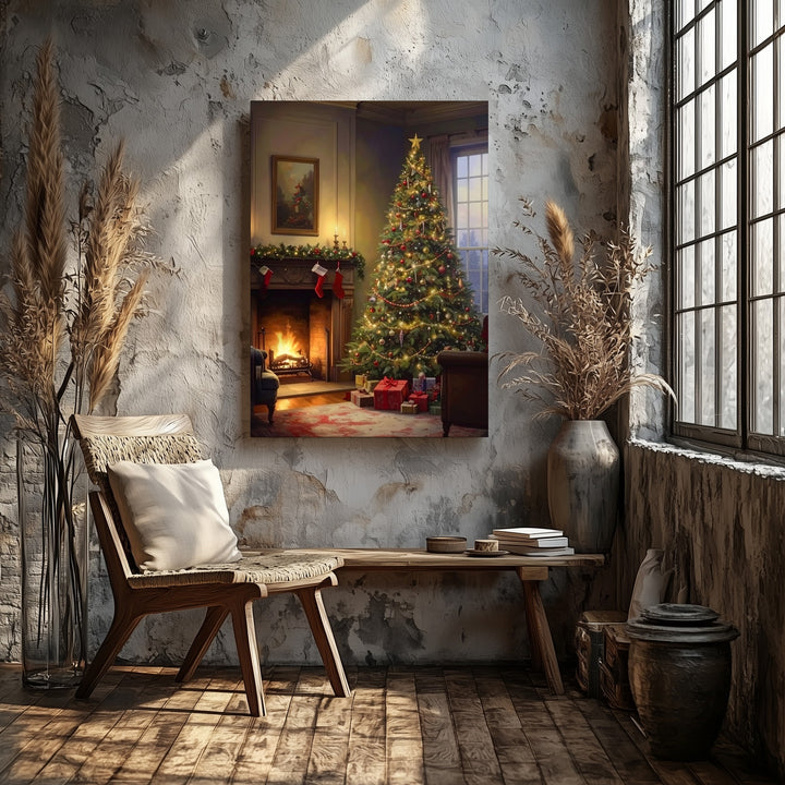 Cozy Christmas Interior Canvas – Tree, Fireplace & Holiday Warmth Wall Art - Gifitto