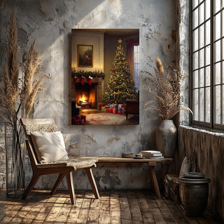 Nostalgic Christmas Room Canvas – Tree, Fireplace & Family Holiday Scene - Gifitto