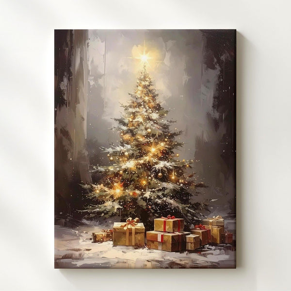 Golden Glow Christmas Tree Canvas – Cozy Holiday Light & Gift Scene Wall Art - Gifitto