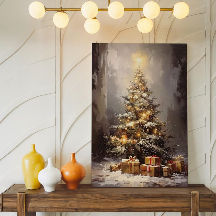 Golden Glow Christmas Tree Canvas – Cozy Holiday Light & Gift Scene Wall Art - Gifitto