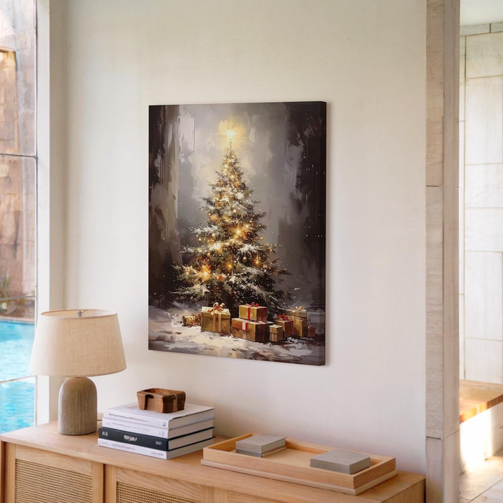 Golden Glow Christmas Tree Canvas – Cozy Holiday Light & Gift Scene Wall Art - Gifitto