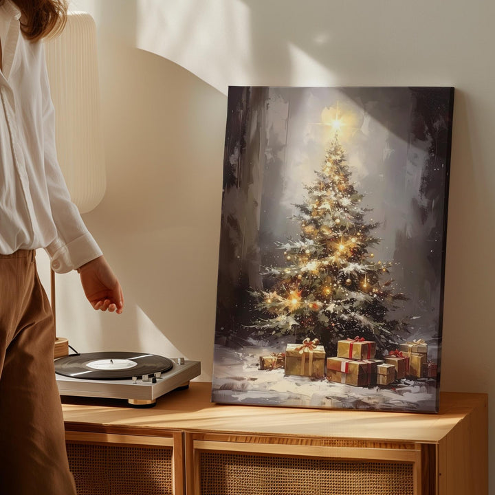 Golden Glow Christmas Tree Canvas – Cozy Holiday Light & Gift Scene Wall Art - Gifitto