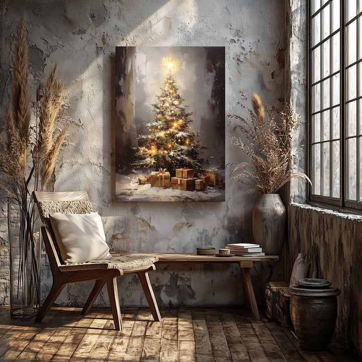 Golden Glow Christmas Tree Canvas – Cozy Holiday Light & Gift Scene Wall Art - Gifitto