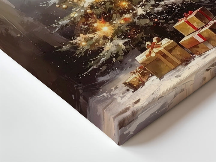 Golden Glow Christmas Tree Canvas – Cozy Holiday Light & Gift Scene Wall Art - Gifitto