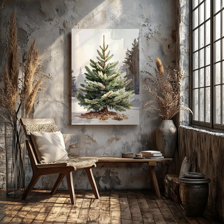 Watercolor Evergreen Christmas Tree Canvas – Rustic Holiday Elegance Wall Art - Gifitto