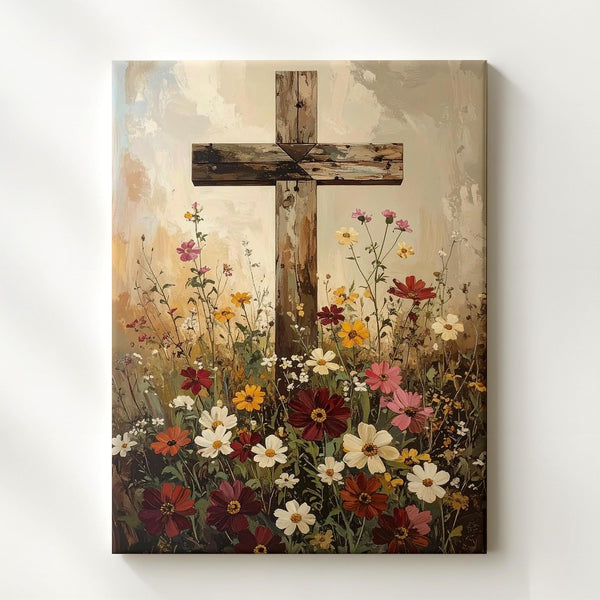 Wooden Cross in Wildflower Field Canvas – Peaceful Christian Wall Art of Nature and Sacred Serenity - Gifitto