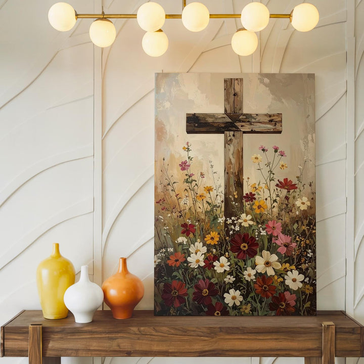 Wooden Cross in Wildflower Field Canvas – Peaceful Christian Wall Art of Nature and Sacred Serenity - Gifitto