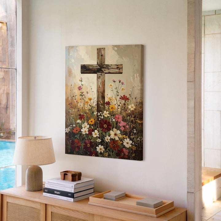 Wooden Cross in Wildflower Field Canvas – Peaceful Christian Wall Art of Nature and Sacred Serenity - Gifitto