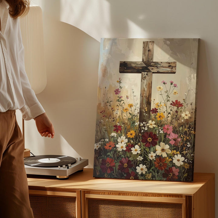 Wooden Cross in Wildflower Field Canvas – Peaceful Christian Wall Art of Nature and Sacred Serenity - Gifitto
