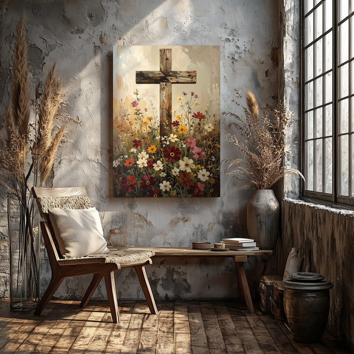 Wooden Cross in Wildflower Field Canvas – Peaceful Christian Wall Art of Nature and Sacred Serenity - Gifitto