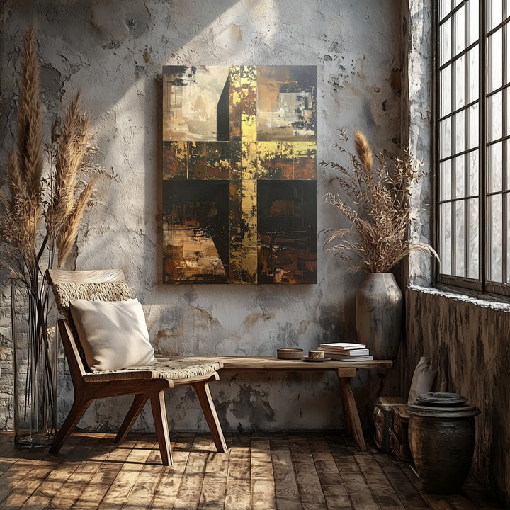 Textured Wooden Cross Canvas – Rustic Christian Wall Art of Resilient Faith and Golden Light - Gifitto