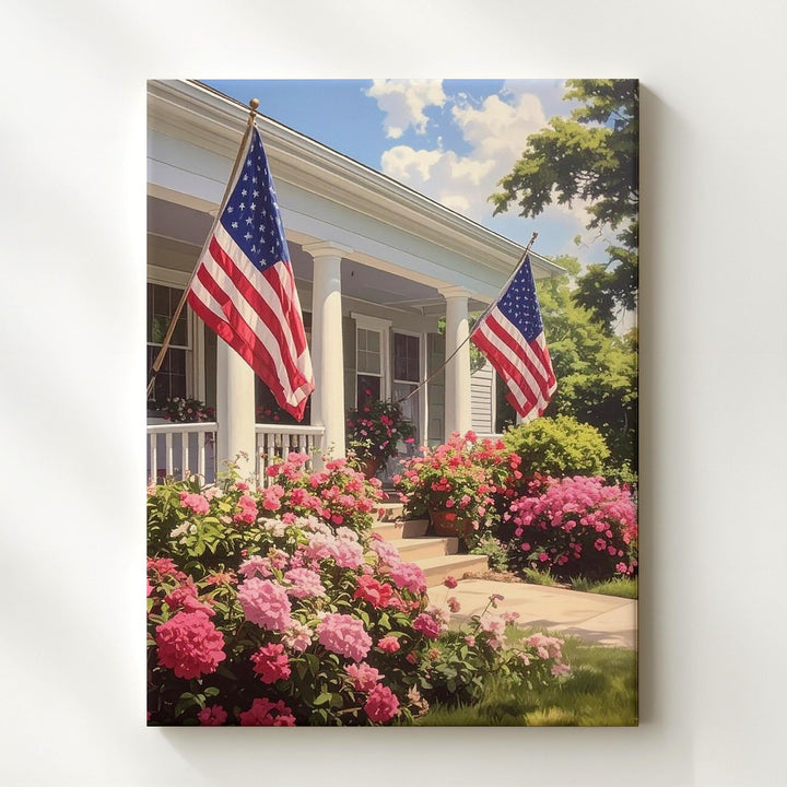 Patriotic Porch Canvas – Americana Summer Scene with Flags and Flowers - Gifitto