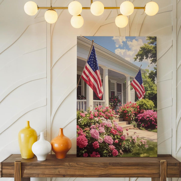 Patriotic Porch Canvas – Americana Summer Scene with Flags and Flowers - Gifitto