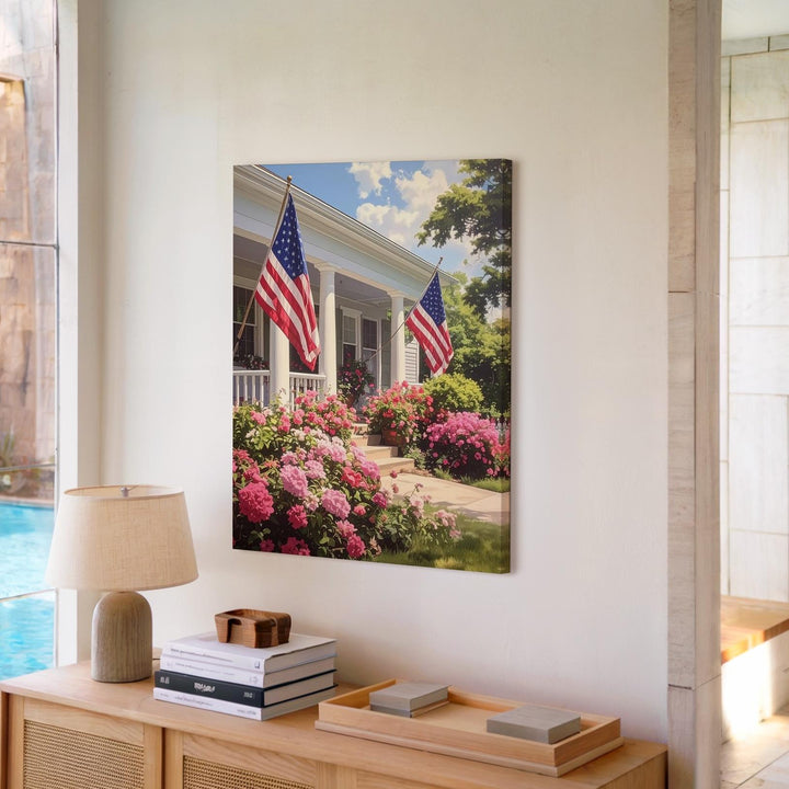 Patriotic Porch Canvas – Americana Summer Scene with Flags and Flowers - Gifitto