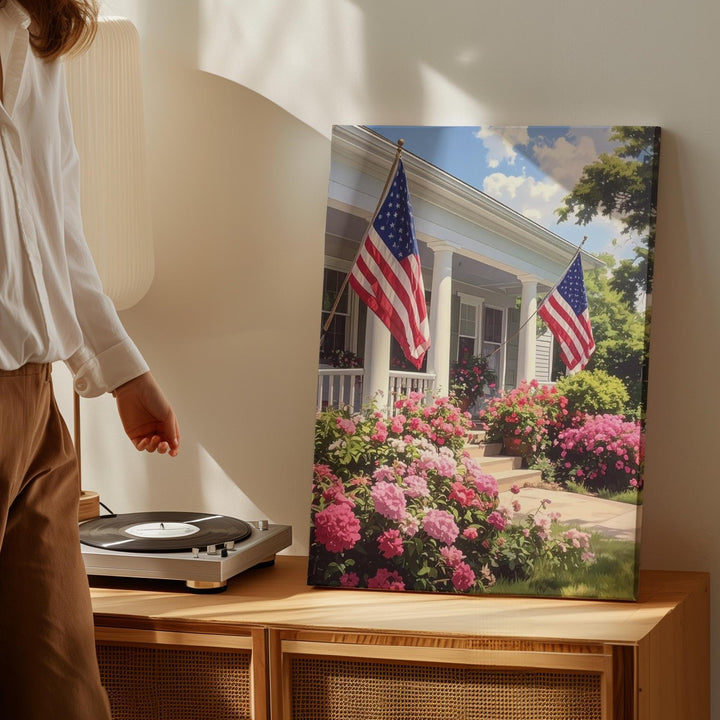 Patriotic Porch Canvas – Americana Summer Scene with Flags and Flowers - Gifitto