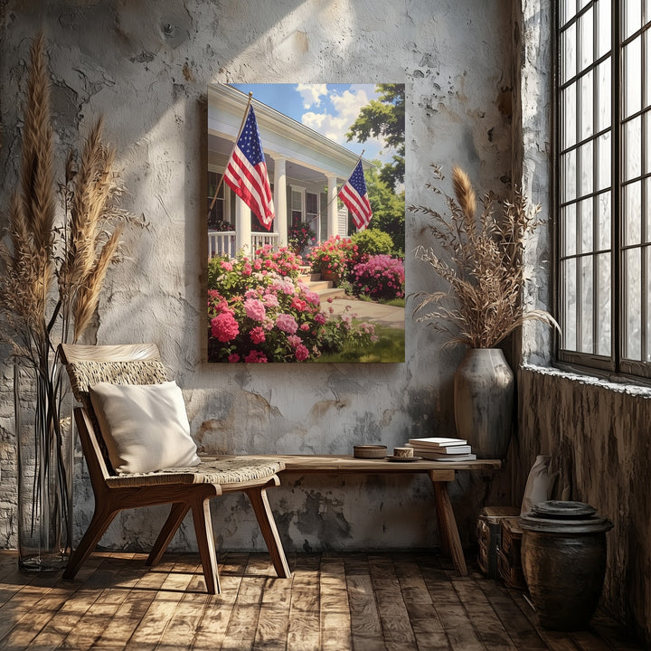 Patriotic Porch Canvas – Americana Summer Scene with Flags and Flowers - Gifitto