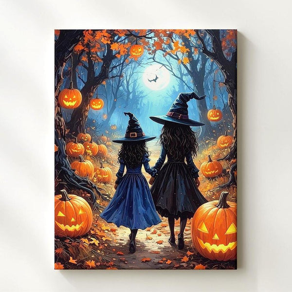 Witch Sisters in Moonlit Forest Canvas – Enchanted Halloween Wall Art - Gifitto