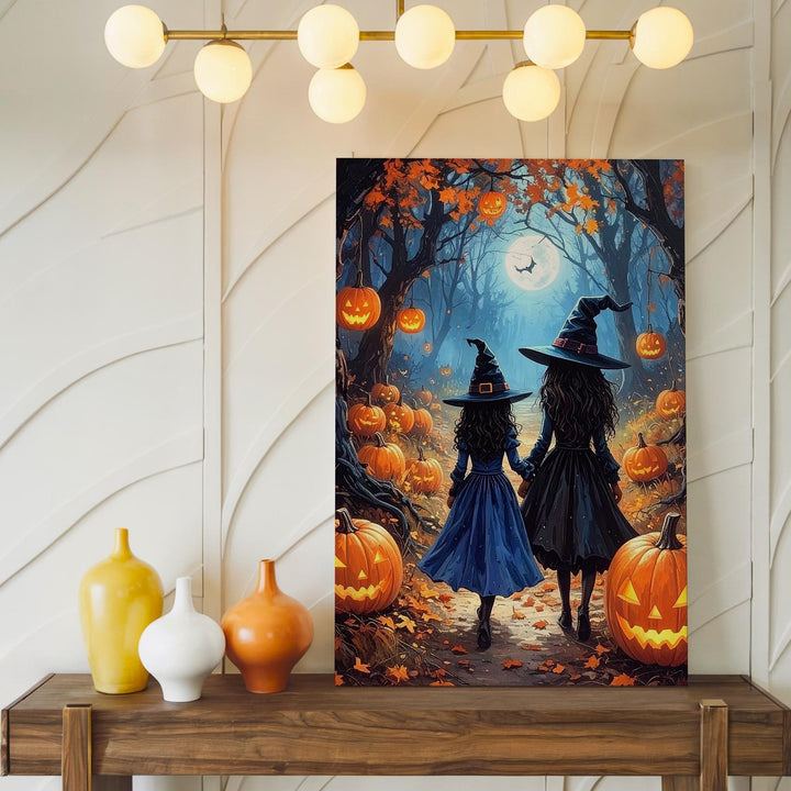 Witch Sisters in Moonlit Forest Canvas – Enchanted Halloween Wall Art - Gifitto