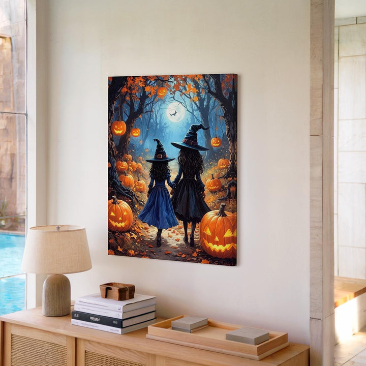 Witch Sisters in Moonlit Forest Canvas – Enchanted Halloween Wall Art - Gifitto