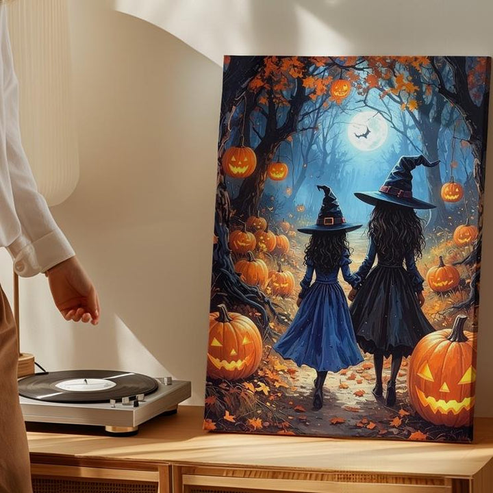 Witch Sisters in Moonlit Forest Canvas – Enchanted Halloween Wall Art - Gifitto