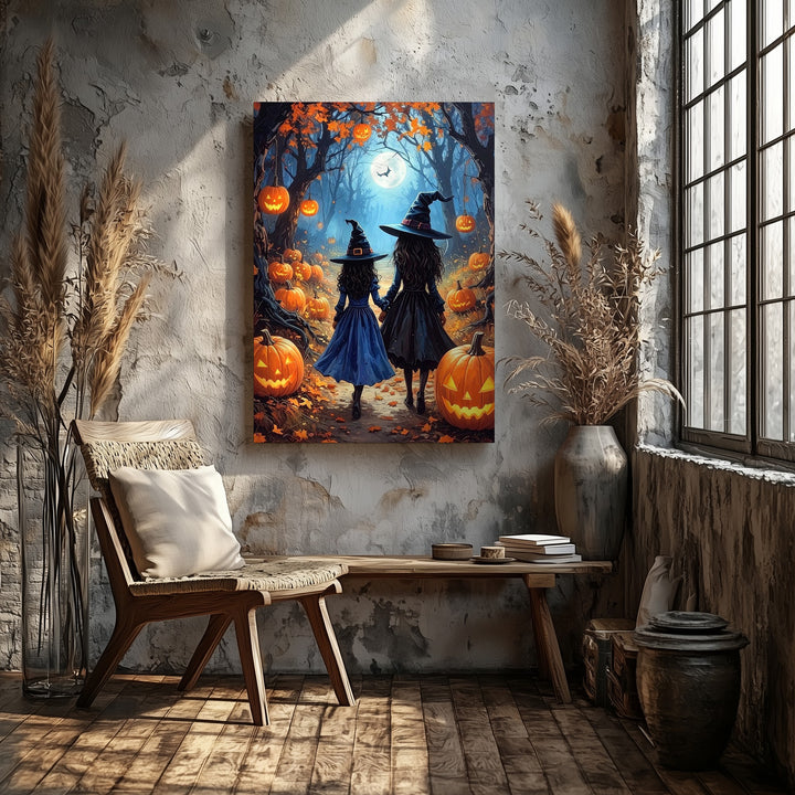 Witch Sisters in Moonlit Forest Canvas – Enchanted Halloween Wall Art - Gifitto