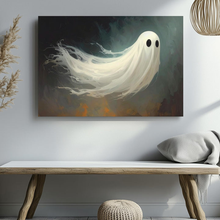 Whimsical Ghost Canvas – Friendly Halloween Spirit with Dreamy Teal Glow - Gifitto
