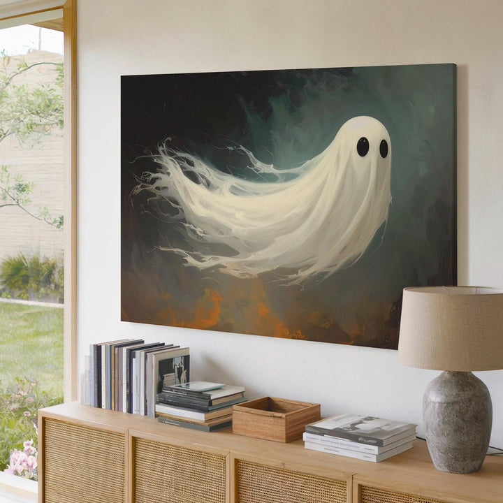 Whimsical Ghost Canvas – Friendly Halloween Spirit with Dreamy Teal Glow - Gifitto