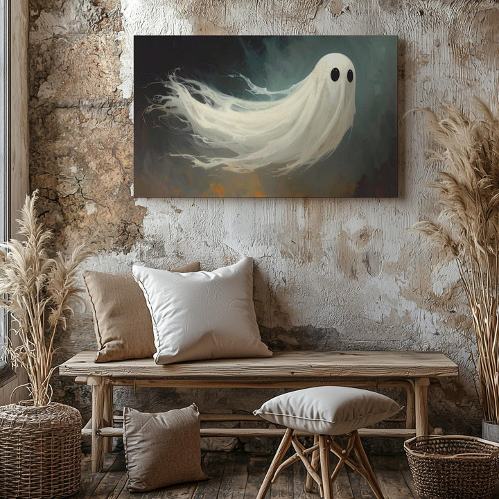 Whimsical Ghost Canvas – Friendly Halloween Spirit with Dreamy Teal Glow - Gifitto