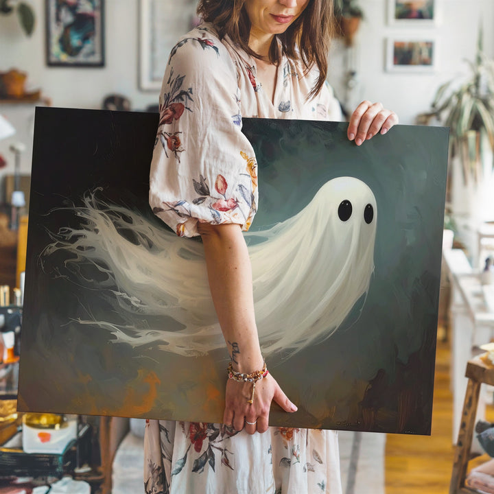 Whimsical Ghost Canvas – Friendly Halloween Spirit with Dreamy Teal Glow - Gifitto